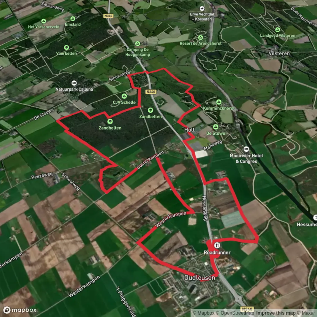 An image depicting the trail Zandbelten and Het Hongerveld Loop and its surrounding area.