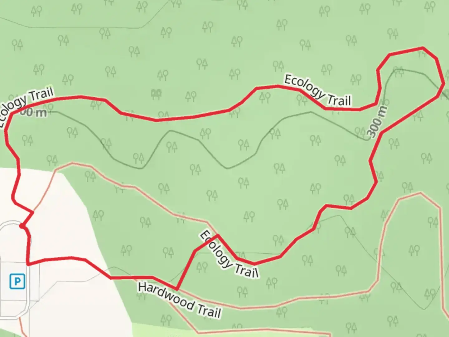 An image depicting the trail Ecology and Hardwood Loop Trail and its surrounding area.