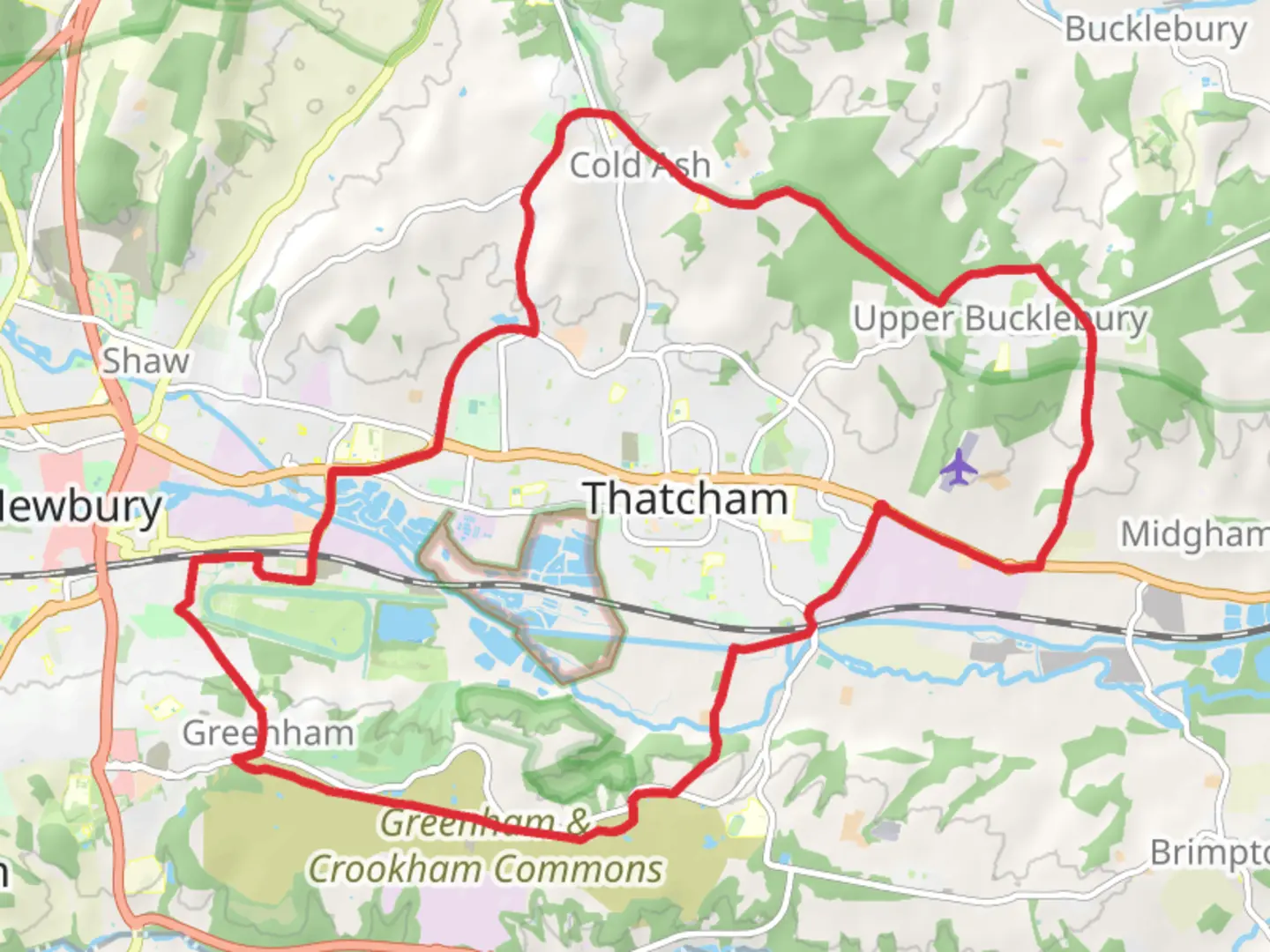 An image depicting the trail Thatcham, Cold Ash and Greenham Loop and its surrounding area.