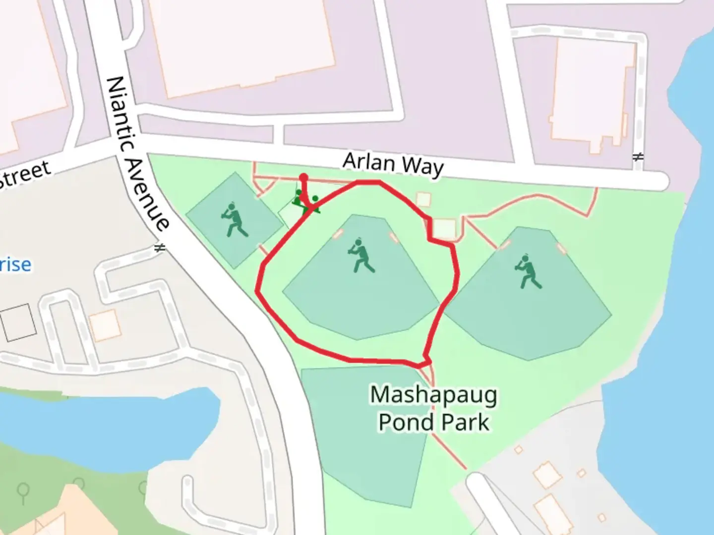 An image depicting the trail Mashapaug Pond Park Loop and its surrounding area.