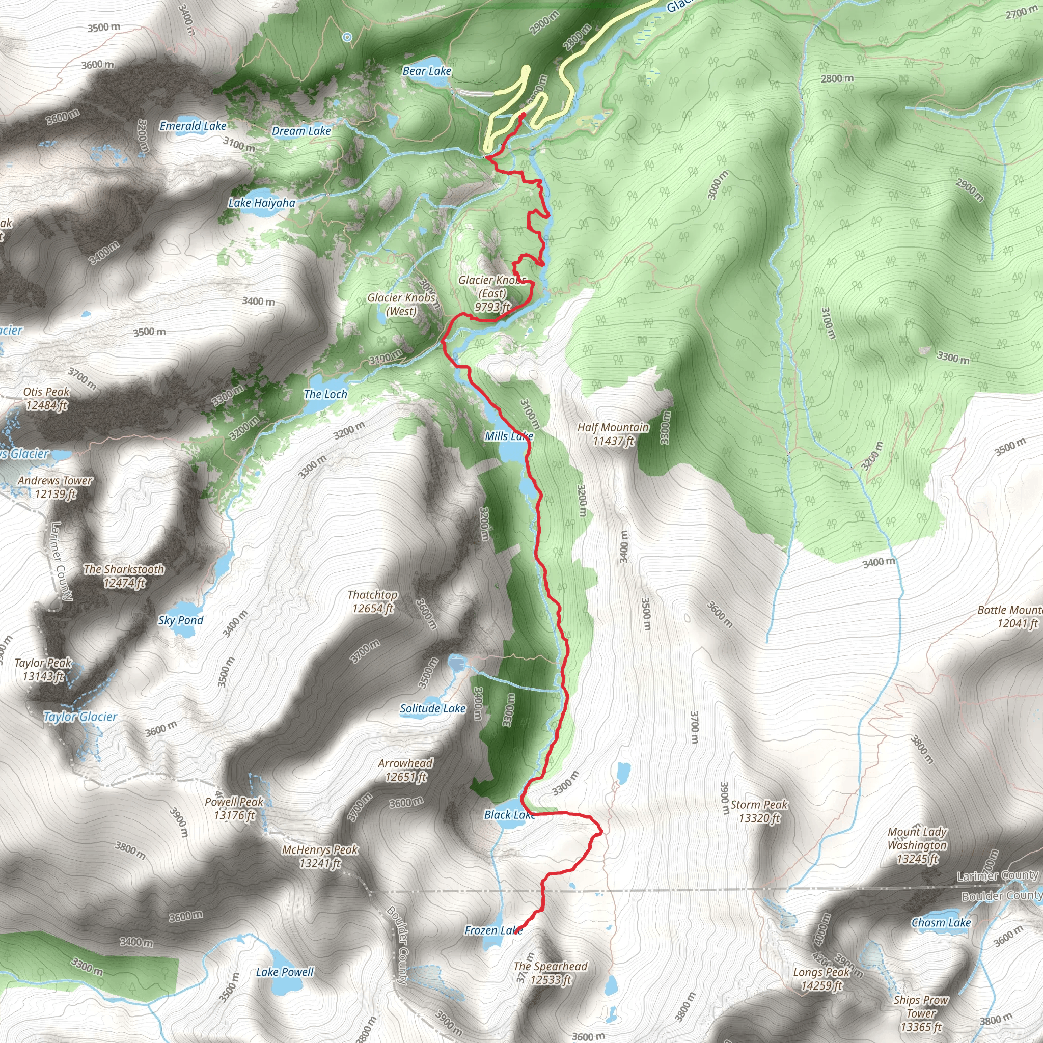 Frozen Lake via Glacier Gorge Trail mobile static map
