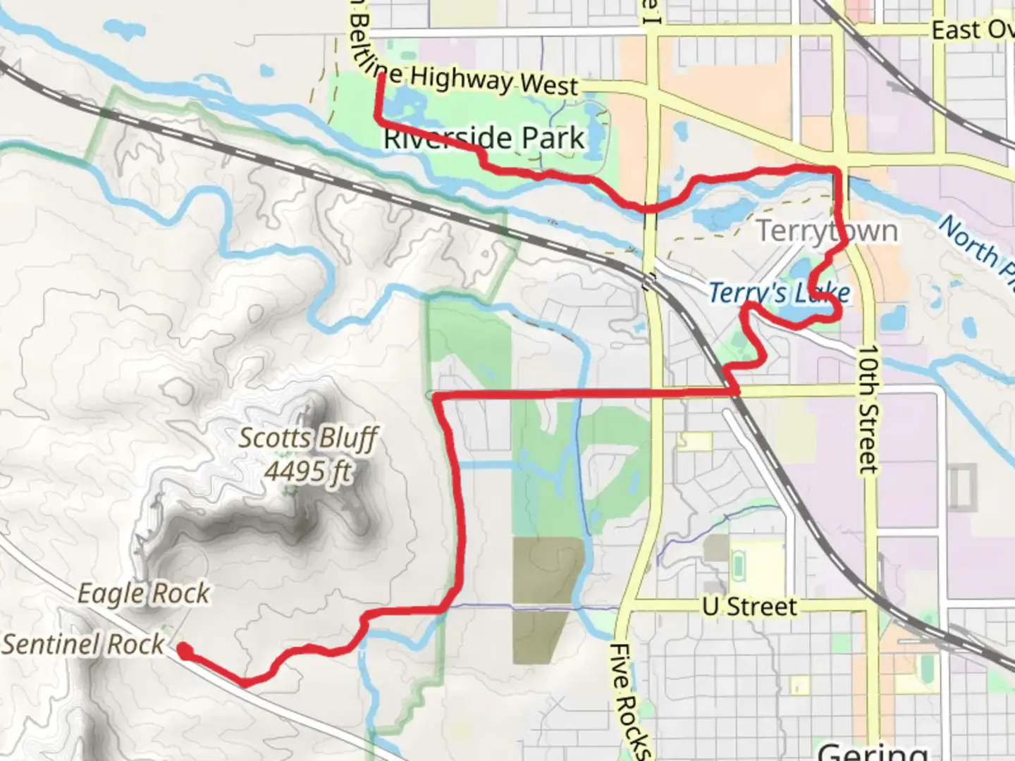 An image depicting the trail Terry's Lake via Monument Valley Pathway and its surrounding area.