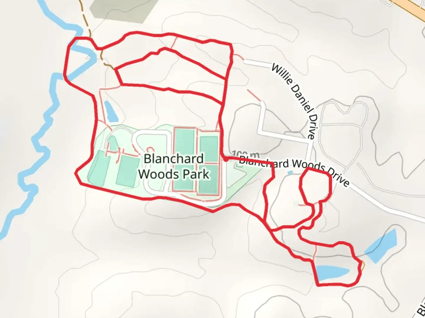 An image depicting the trail Blanchard Woods Park Loop and its surrounding area.