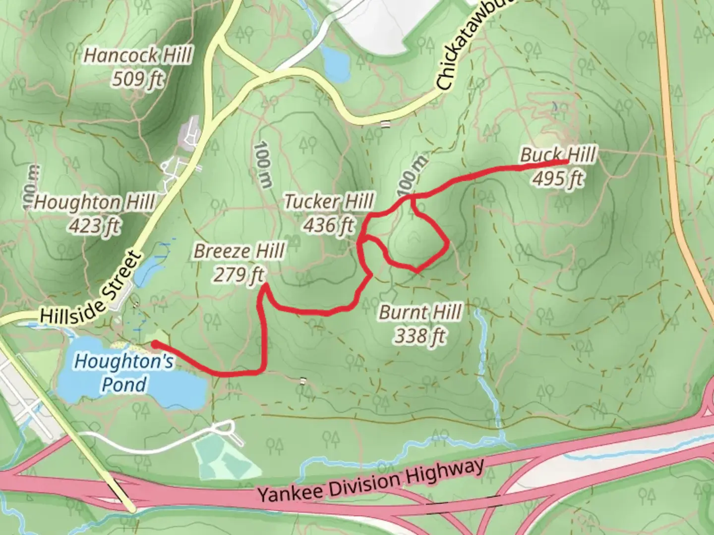 An image depicting the trail Breeze Hill, Boyce Hill and Buck Hill via Skyline Trail and its surrounding area.