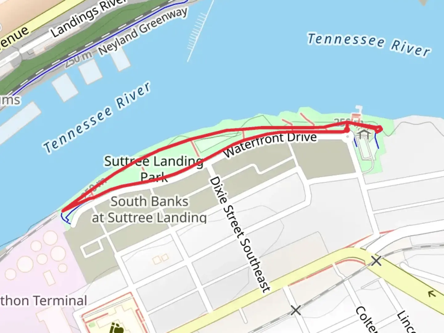 An image depicting the trail Suttree Landing Park Loop and its surrounding area.