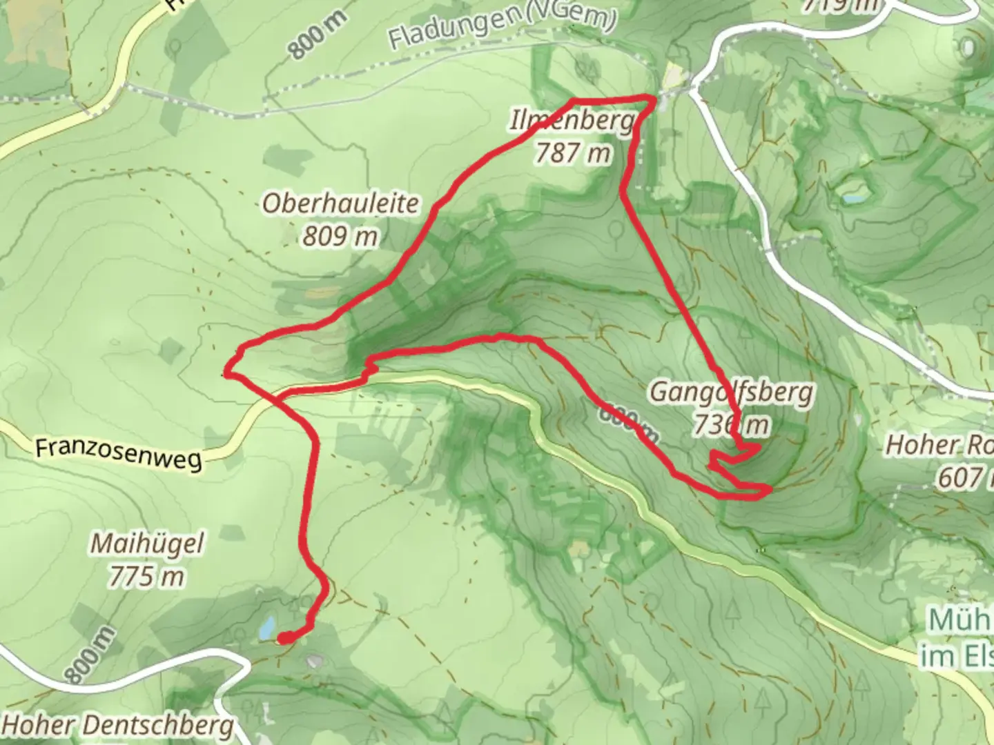 An image depicting the trail Gangolfsberg via Heidelsteinweg and Extratour Hochrhoentour and its surrounding area.