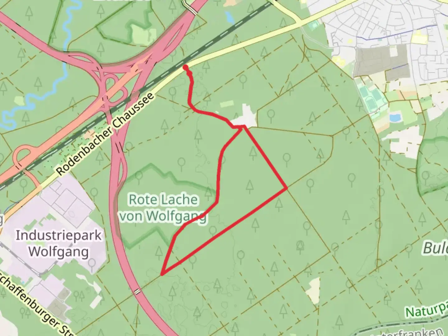 An image depicting the trail Gruener Ring and Zu alten Baeumen Loop and its surrounding area.