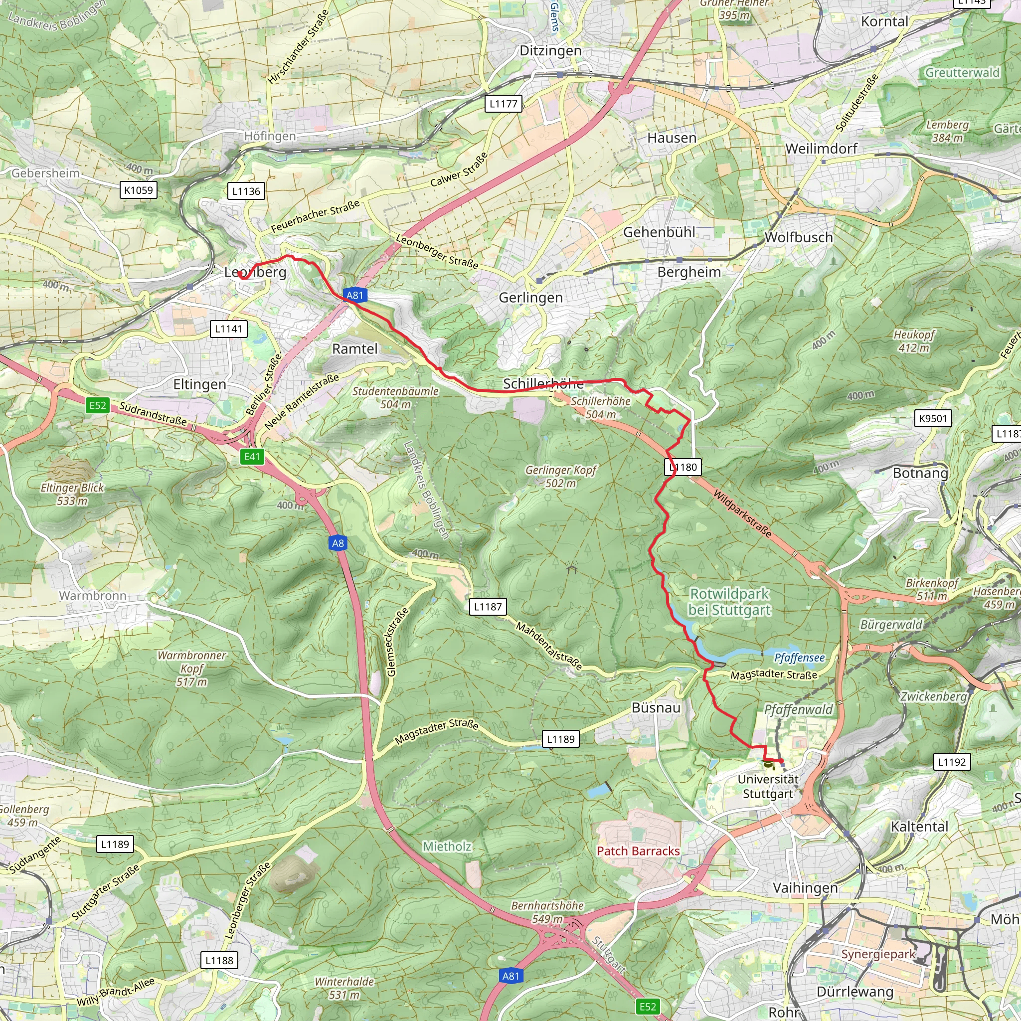 Stuttgart Universität to Leonberg via Mauswegle Bernhardsbachsträßle mobile static map