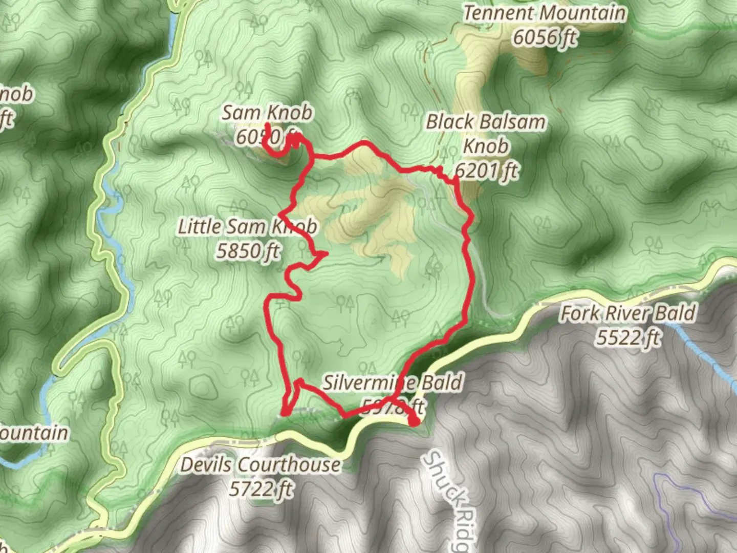 An image depicting the trail Art Loeb Trail, Sam Knob and Little Sam Trail Loop and its surrounding area.