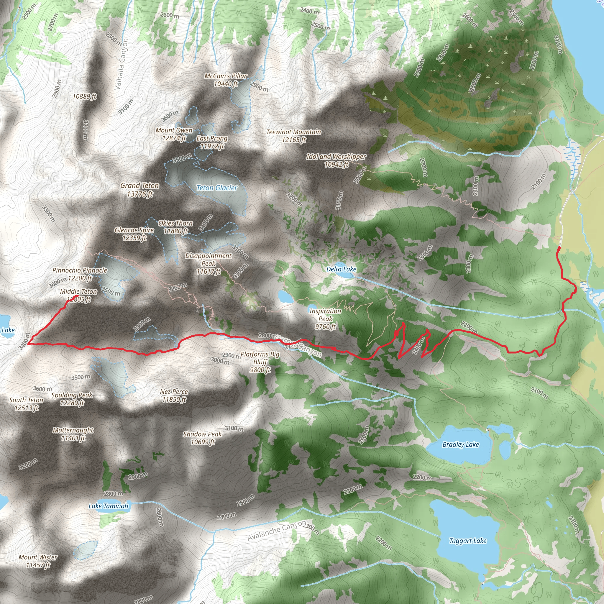 Middle Teton via Valley Trail mobile static map