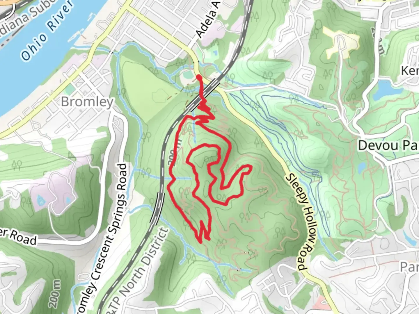 An image depicting the trail Incinerator, Bates-Coombs and Train Surfer Loop and its surrounding area.