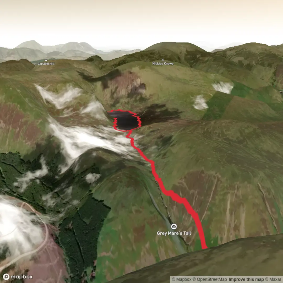 An image depicting the trail Grey Mare's tail waterfall and Loch Skeen and its surrounding area.