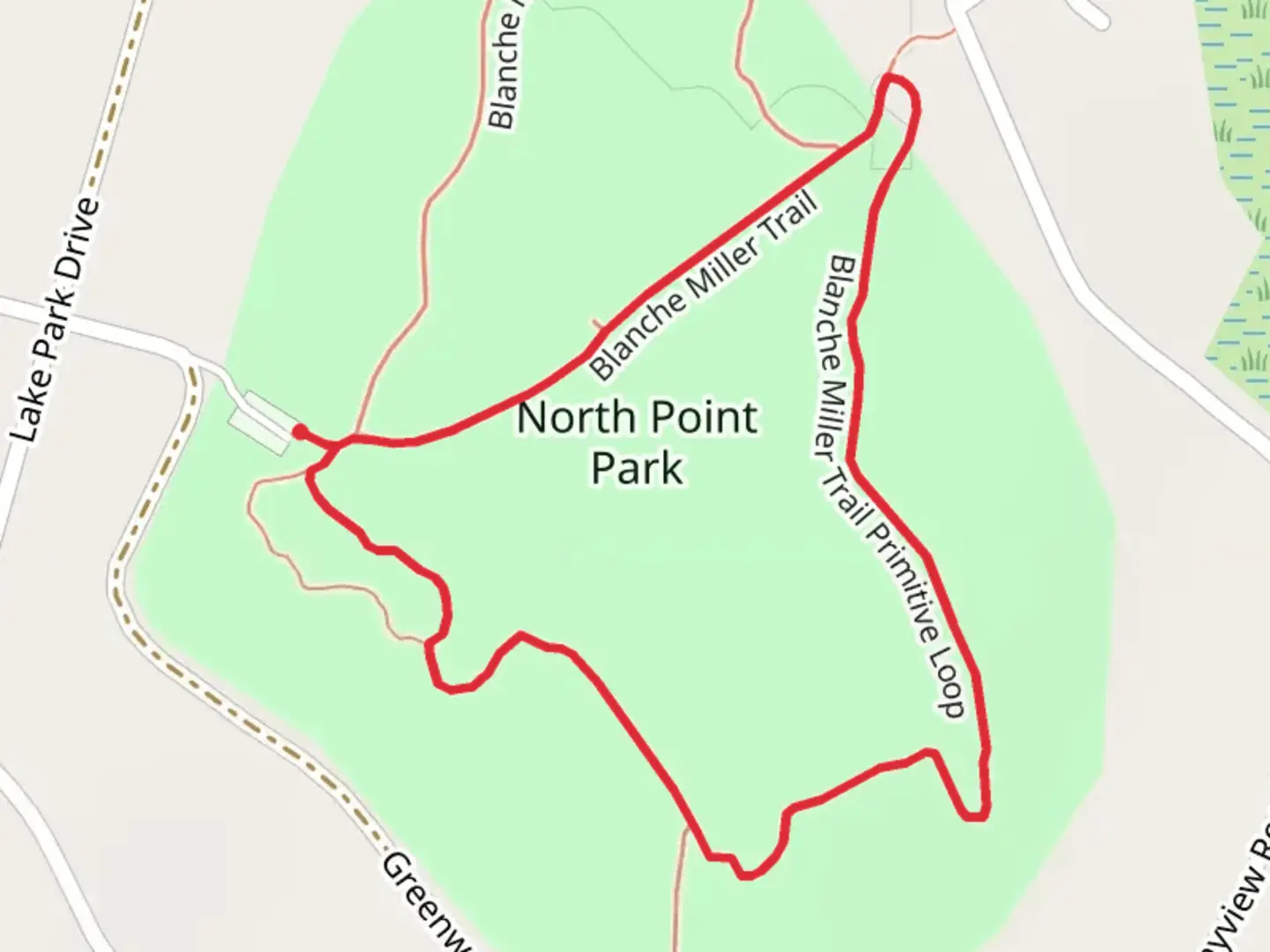 An image depicting the trail North Point Park Loop and its surrounding area.