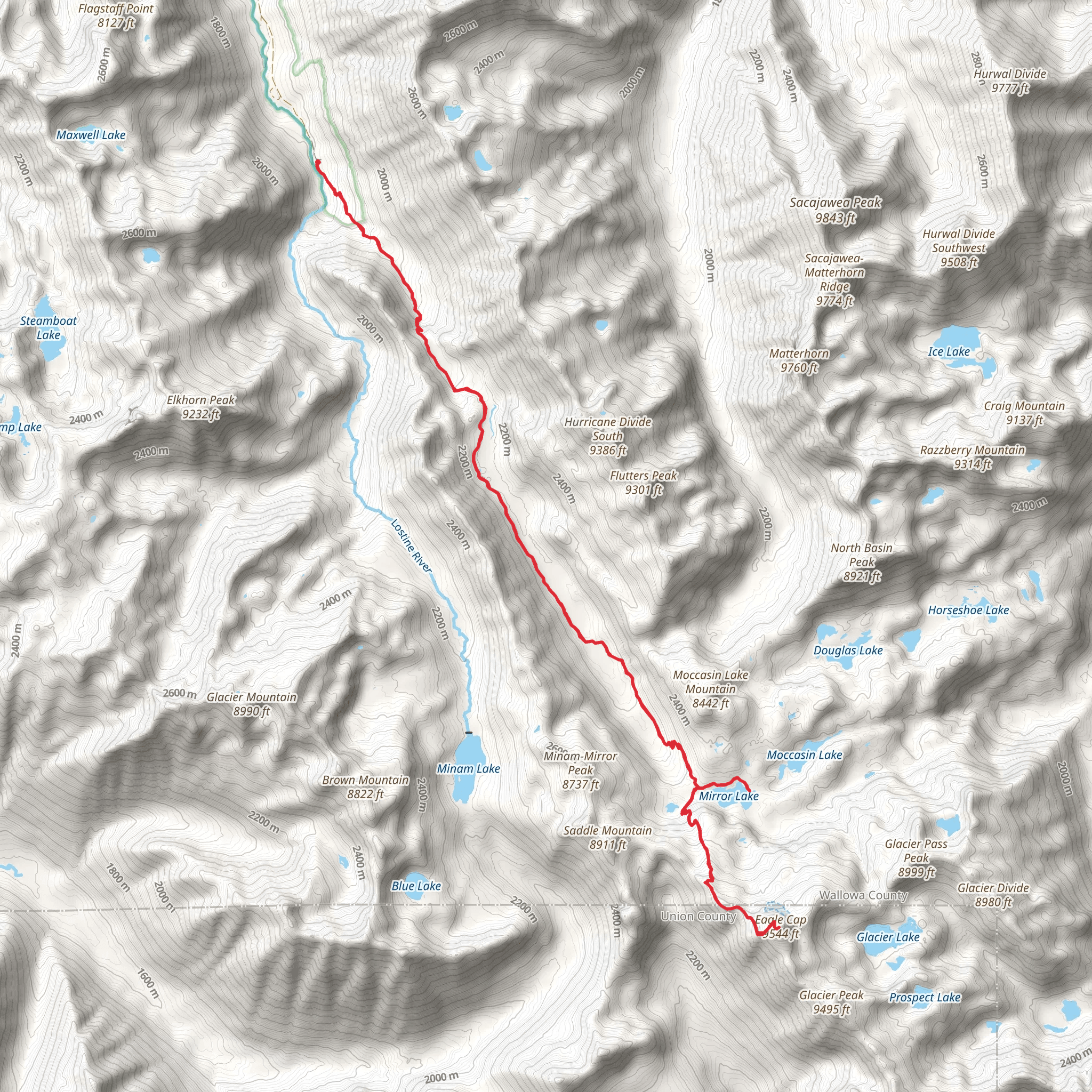Mirror Lake and Eagle Cap via East Fork Lostine Trail mobile static map