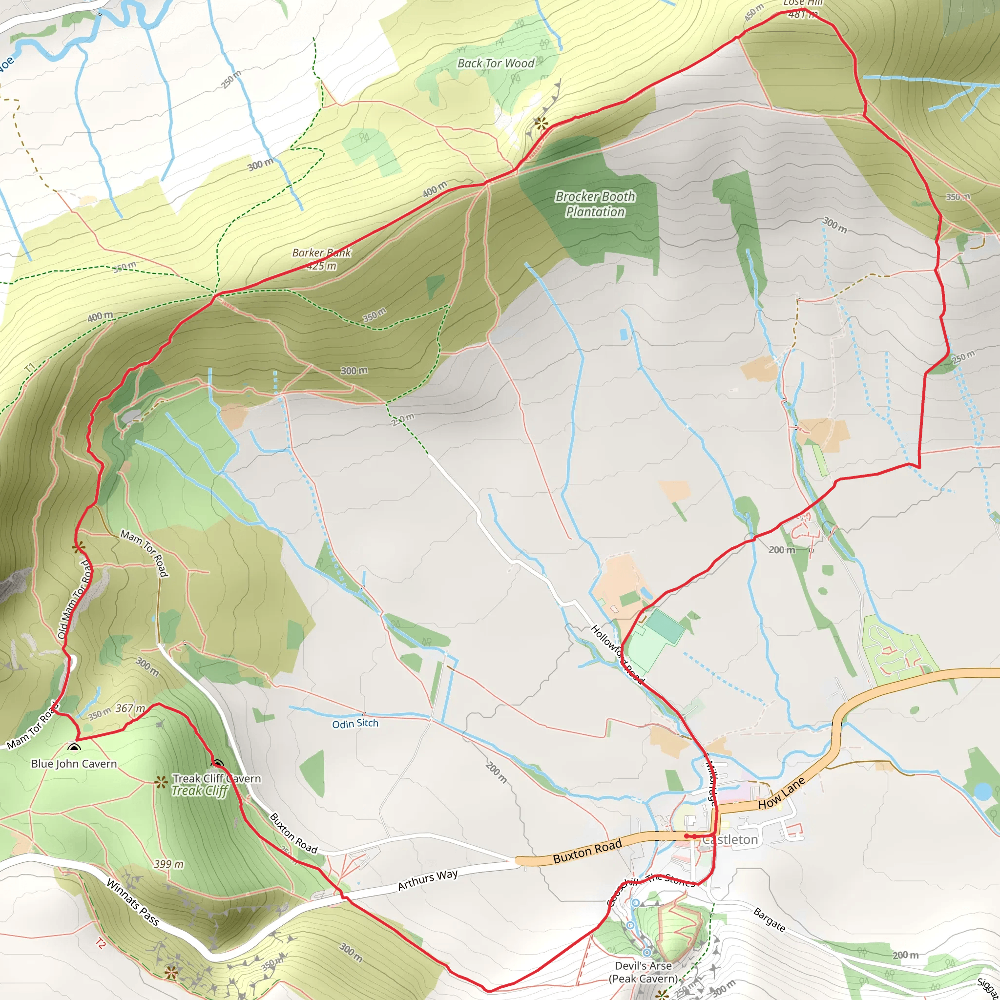 Hollins Cross and Lose Hill from Castleton mobile static map