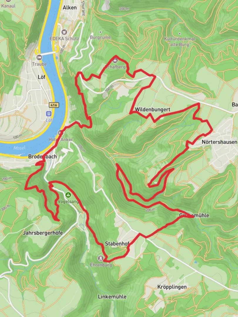 An image depicting the trail Brodenbach Loop via Donnerloch and its surrounding area.