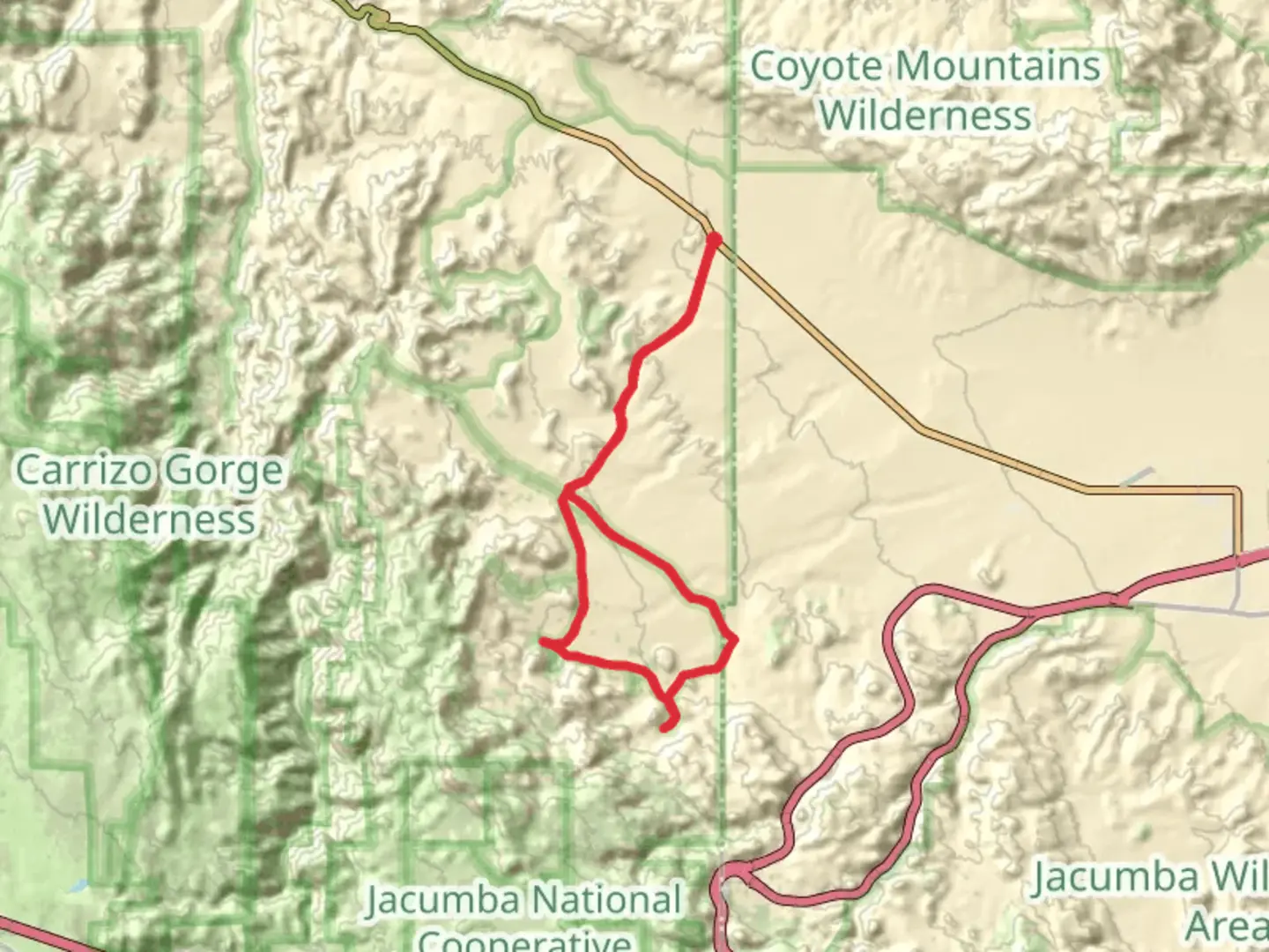 An image depicting the trail Dos Cabezas - Mortero Wash Loop and its surrounding area.