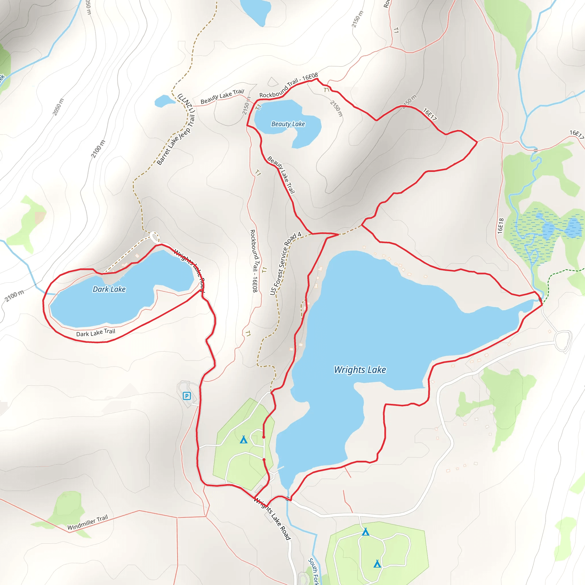 Dark Lake to Beauty Lake to Wrights Lake mobile static map