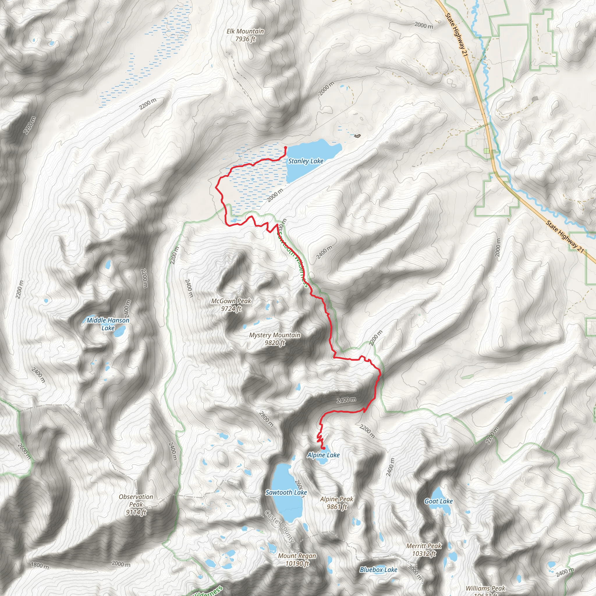 Alpine Lake - Iron Creek - Stanley Lake Trail mobile static map