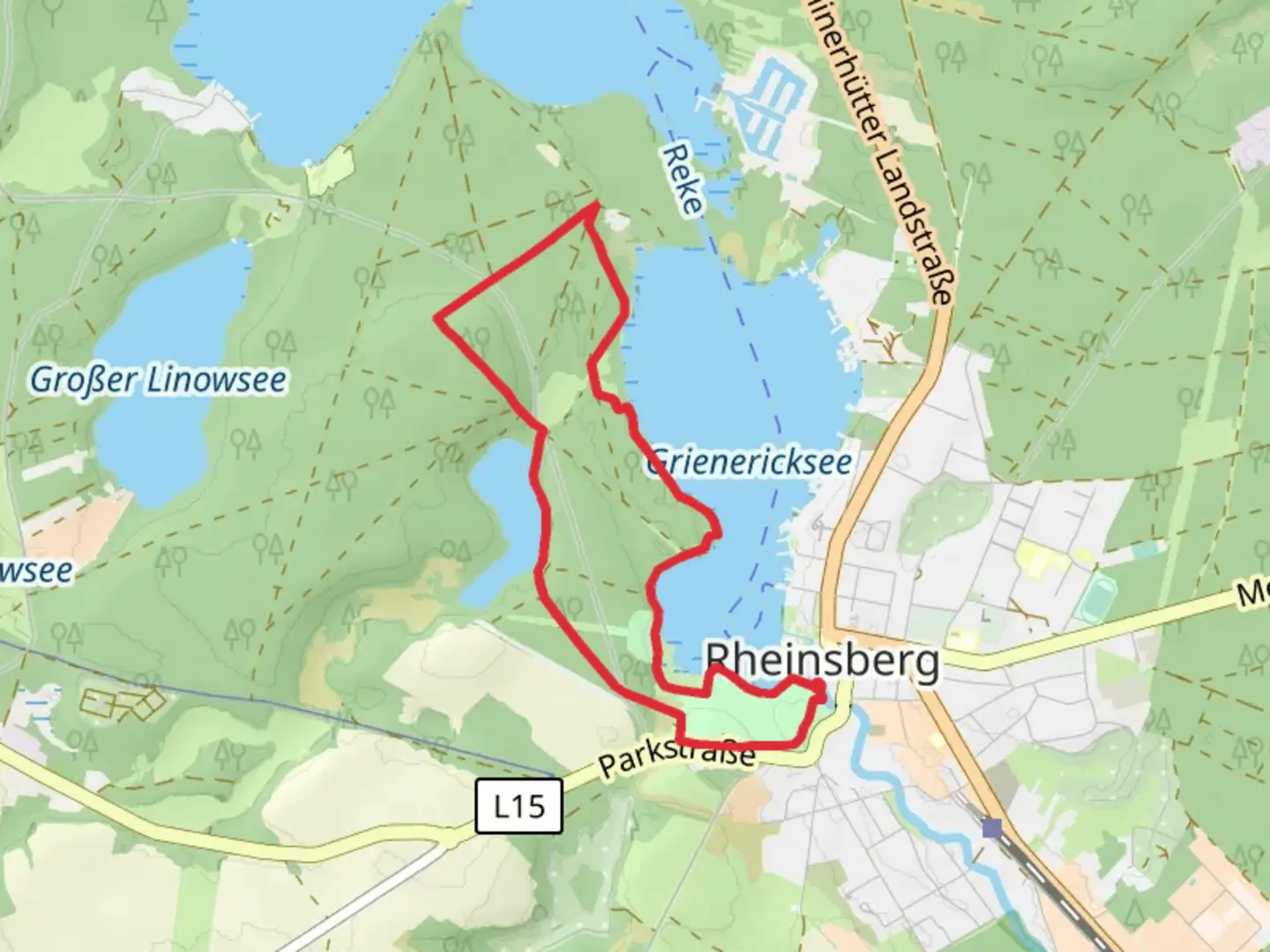 An image depicting the trail Grienericksee and Boebereckensee via Poetensteig from Rheinsberg and its surrounding area.