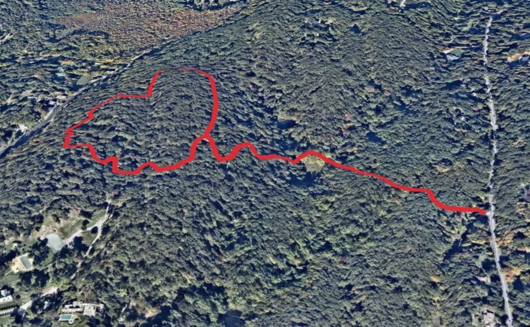 An image depicting the trail Motts Hill Loop and its surrounding area.