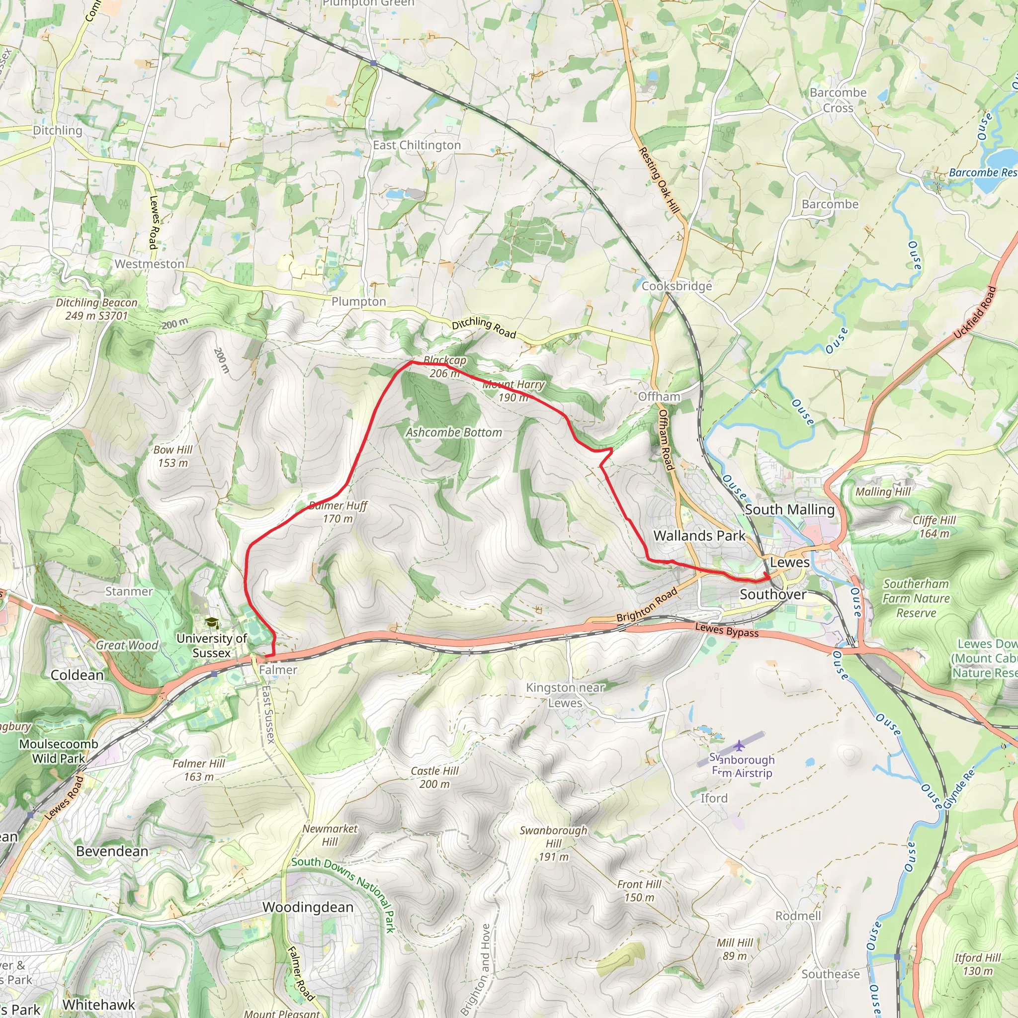 Lewes to Falmer Walk via Lewes Castle mobile static map