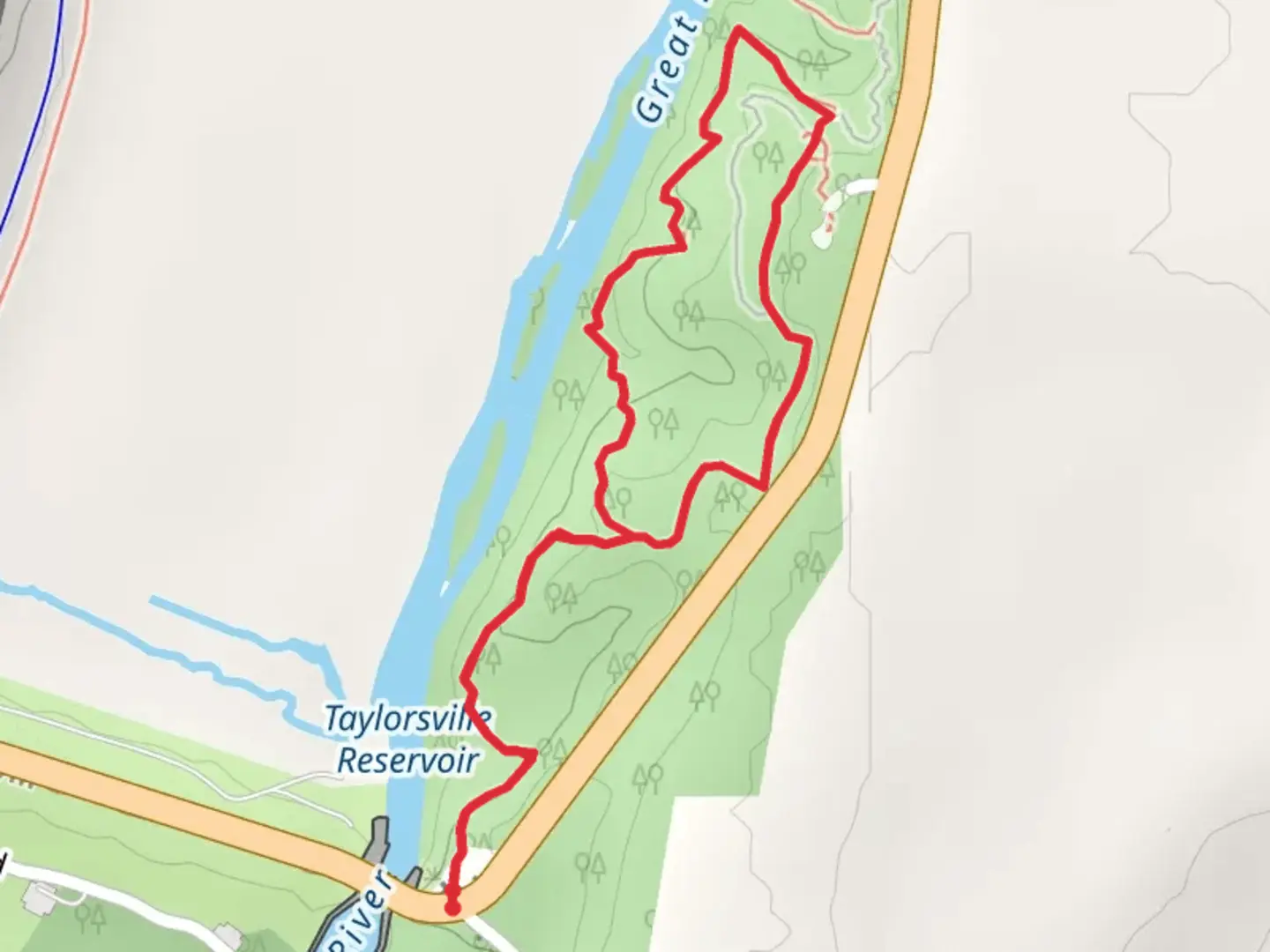 An image depicting the trail Green and Yellow Loop Trail via Dam Connector and its surrounding area.