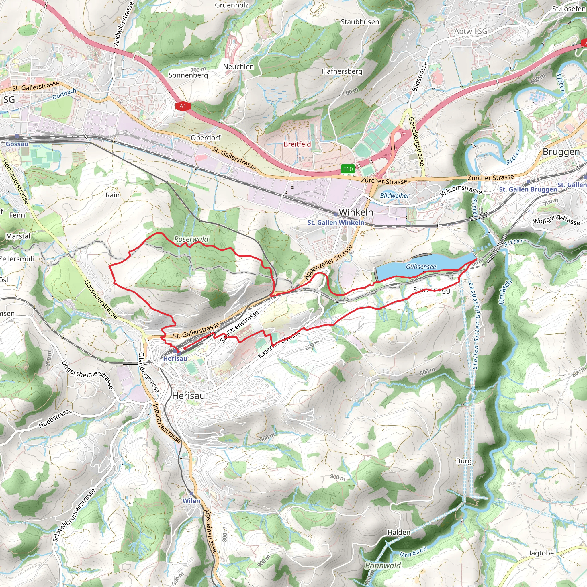 Herisau to Lake Gübsensee Loop mobile static map