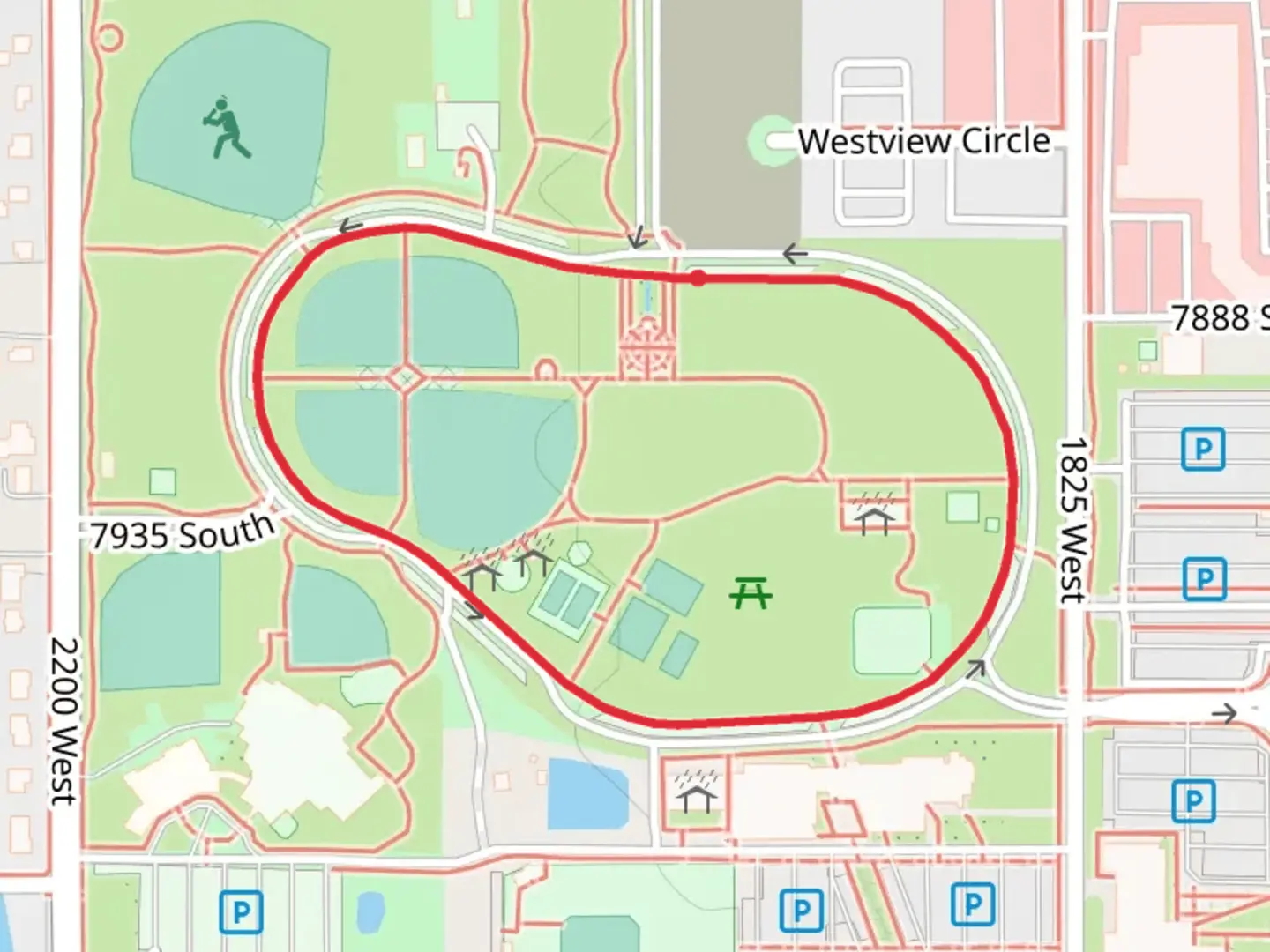 An image depicting the trail Veterans Memorial Park Loop and its surrounding area.