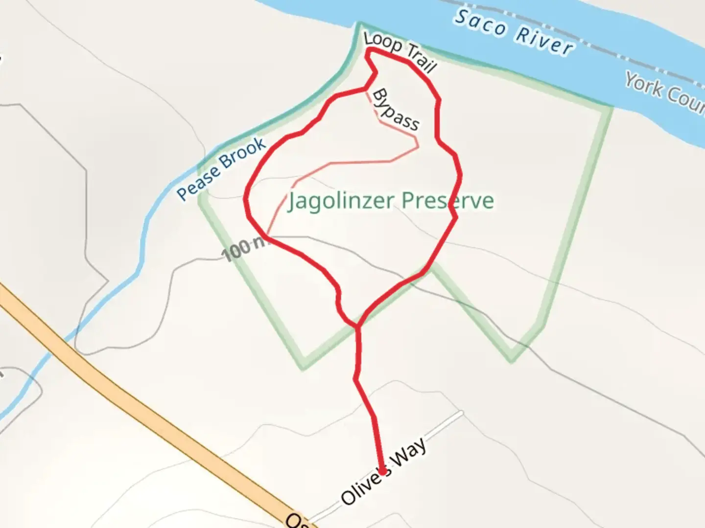 An image depicting the trail Saco River from Olive's Way and its surrounding area.