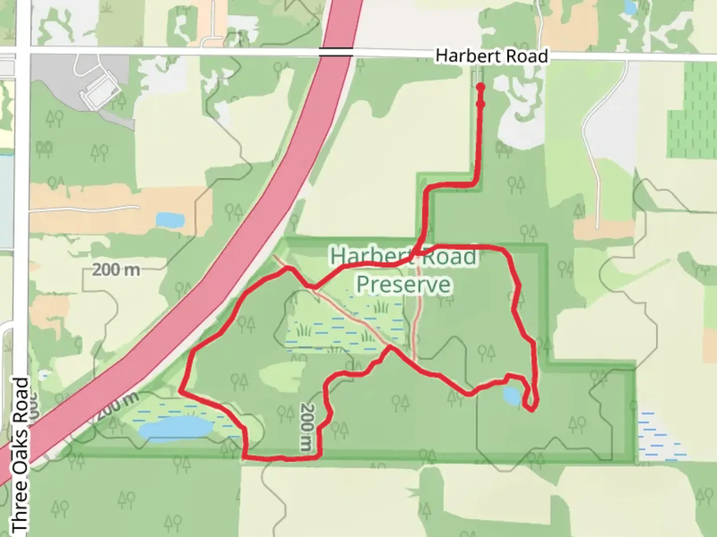 An image depicting the trail Harbert Road Preserve Loop and its surrounding area.