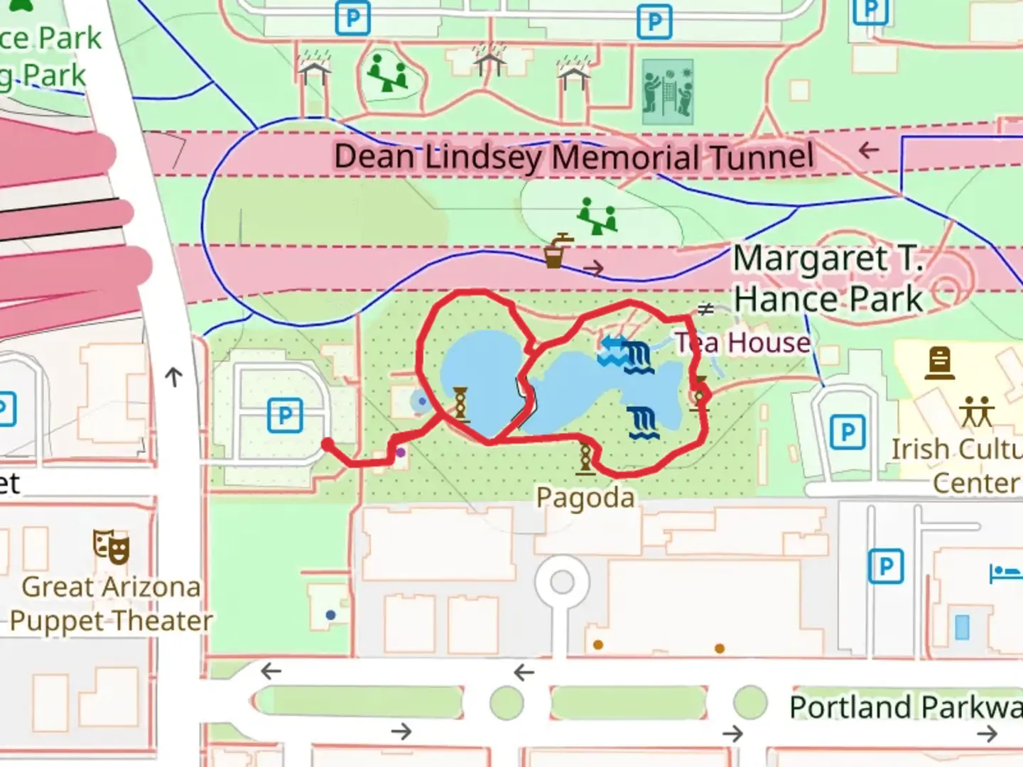 An image depicting the trail Japanese Friendship Garden Loop and its surrounding area.