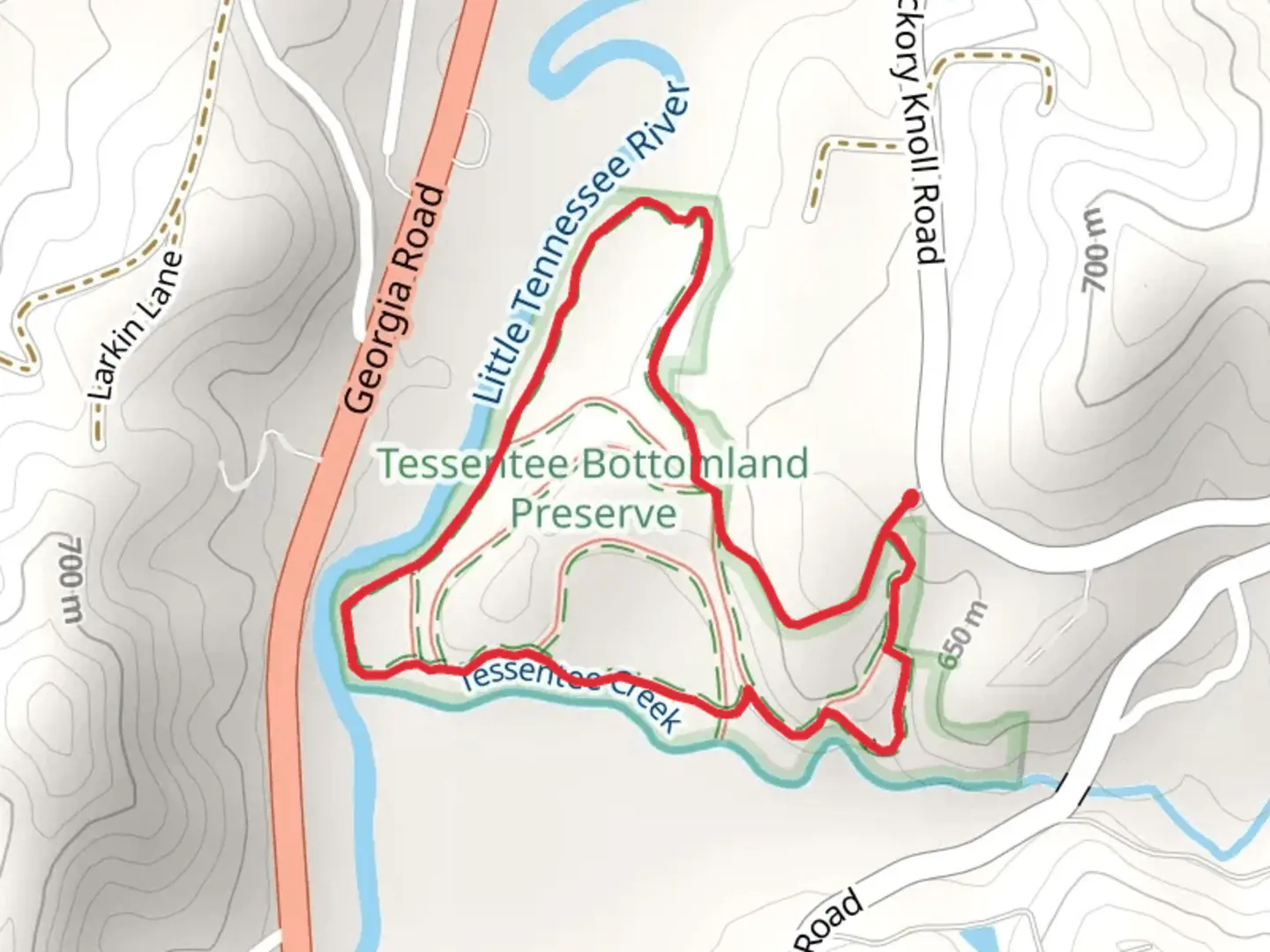 An image depicting the trail Tessentee Creek and Little Tennessee River Loop and its surrounding area.