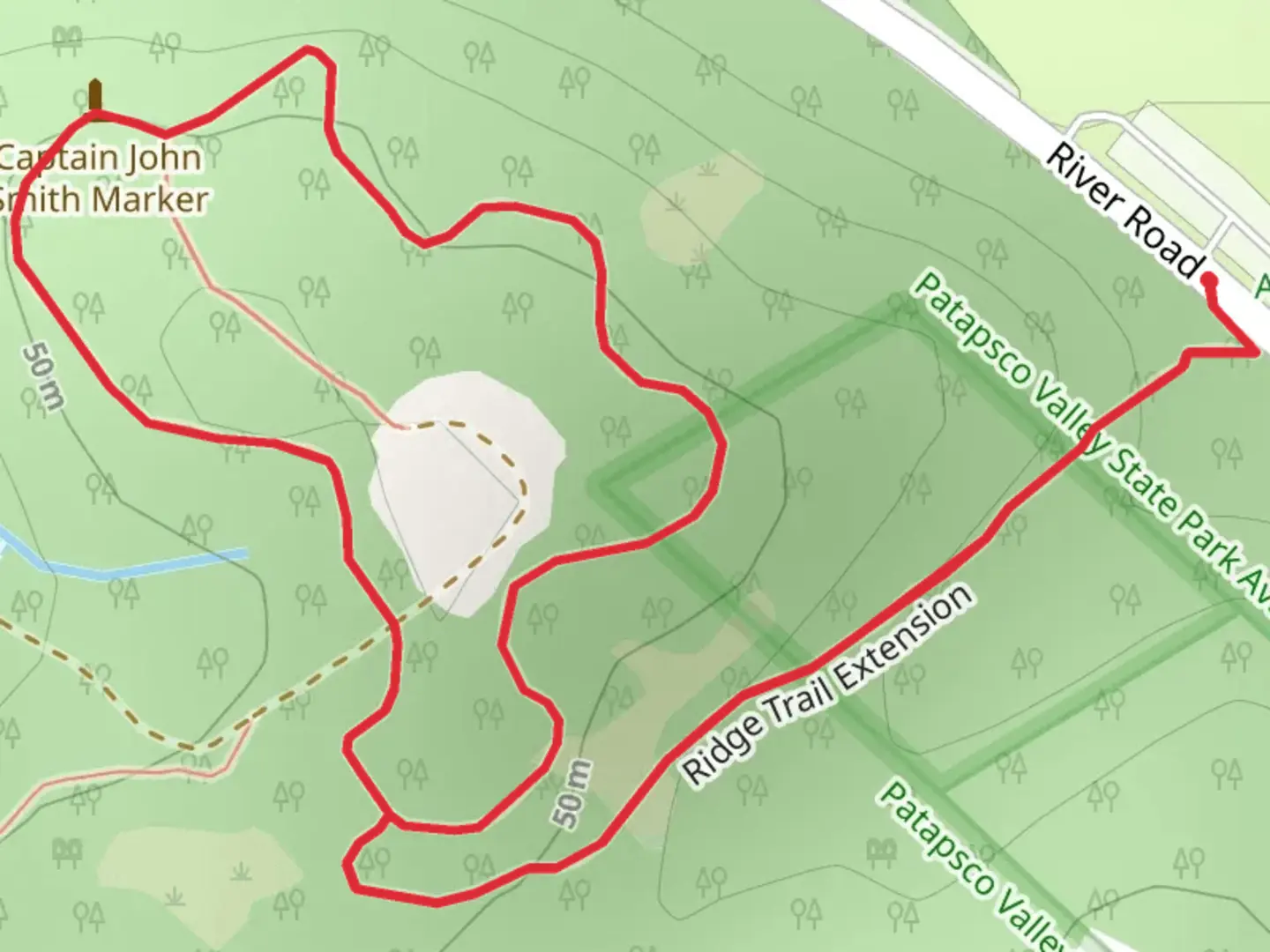 An image depicting the trail Captain John Smith Loop via Ridge Trail Extension and its surrounding area.