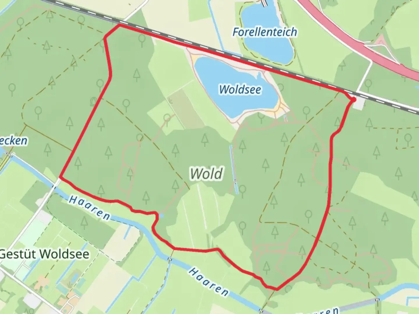 An image depicting the trail Woldsee via Jadeweg and its surrounding area.