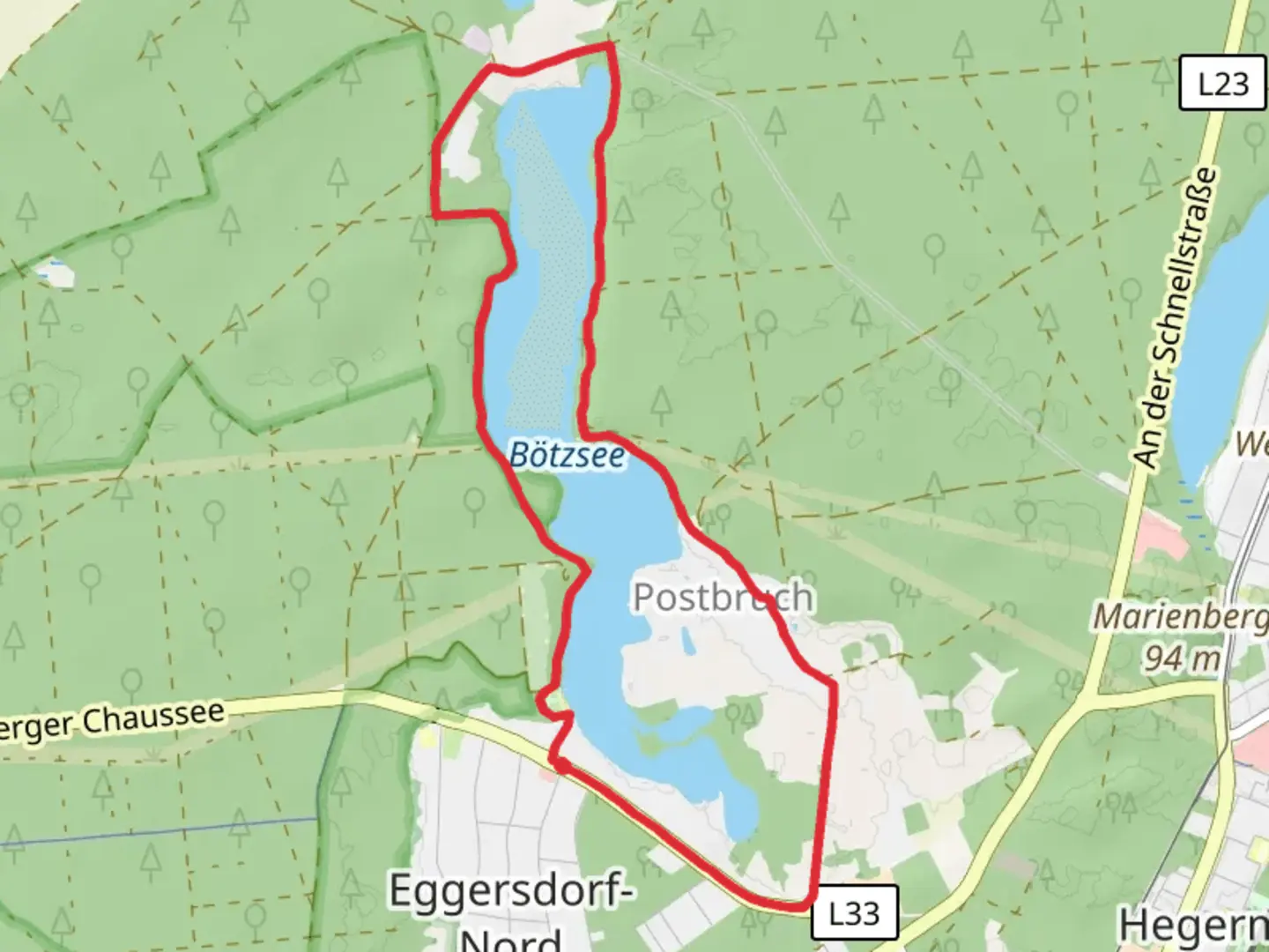 An image depicting the trail Bötzsee Loop and its surrounding area.