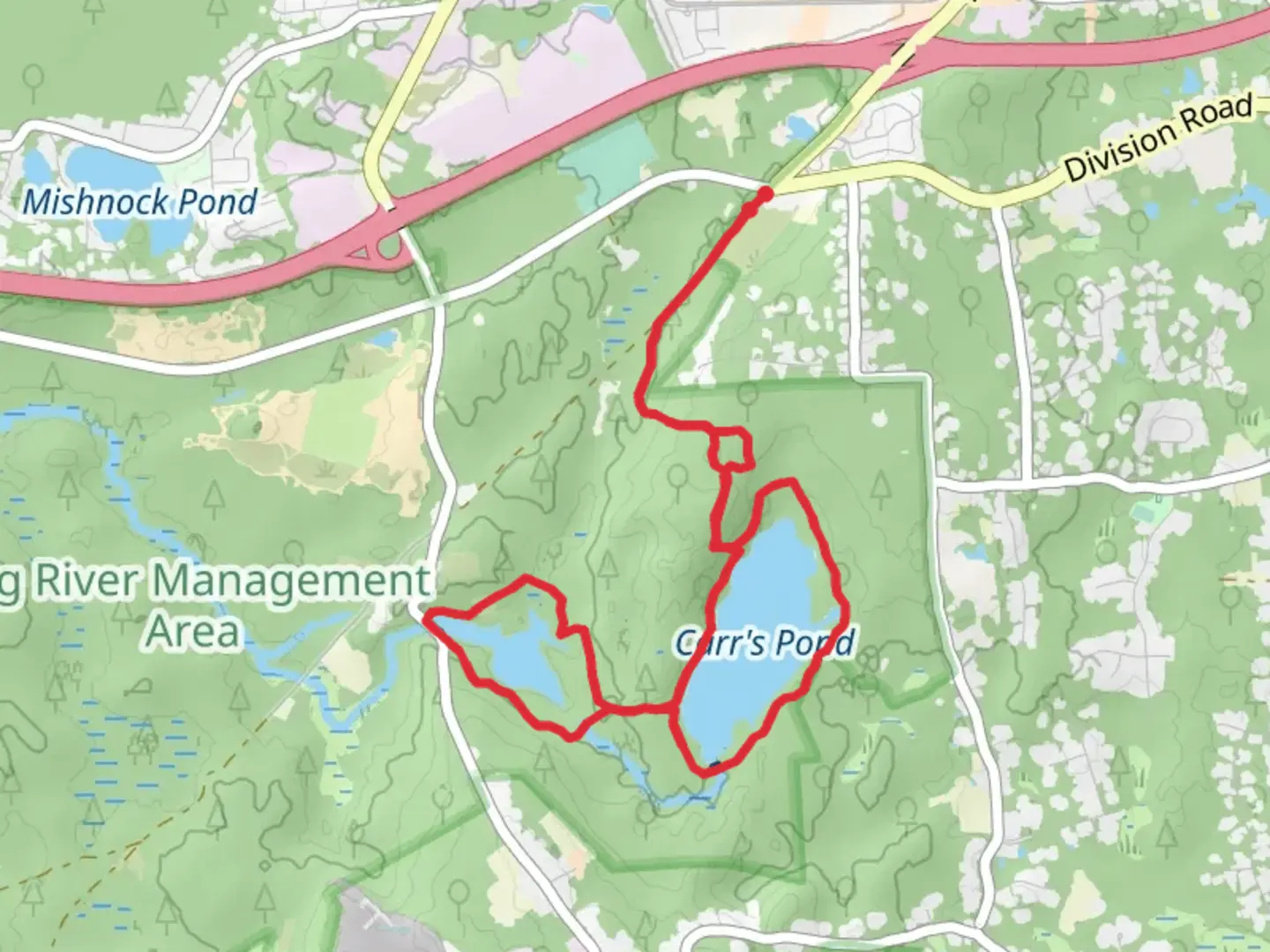 An image depicting the trail Carr's Pond and Tarbox Pond Loop via Ring Road and its surrounding area.