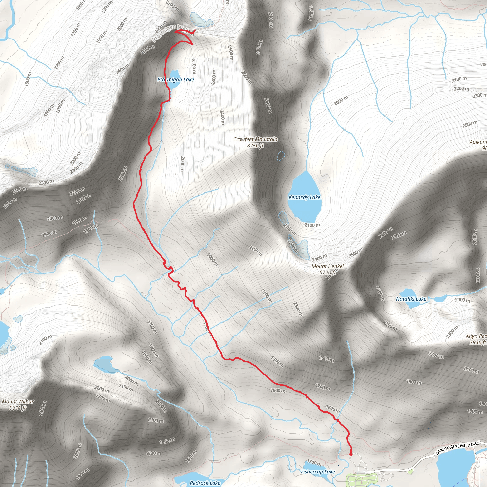 Ptarmigan Lake from Swiftcurrent Cabins Road mobile static map