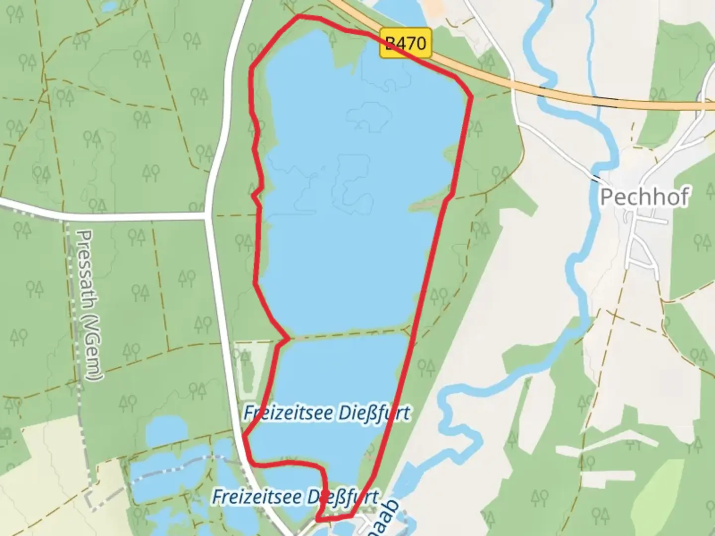 An image depicting the trail Freizeitsee Dießfurt Loop and its surrounding area.
