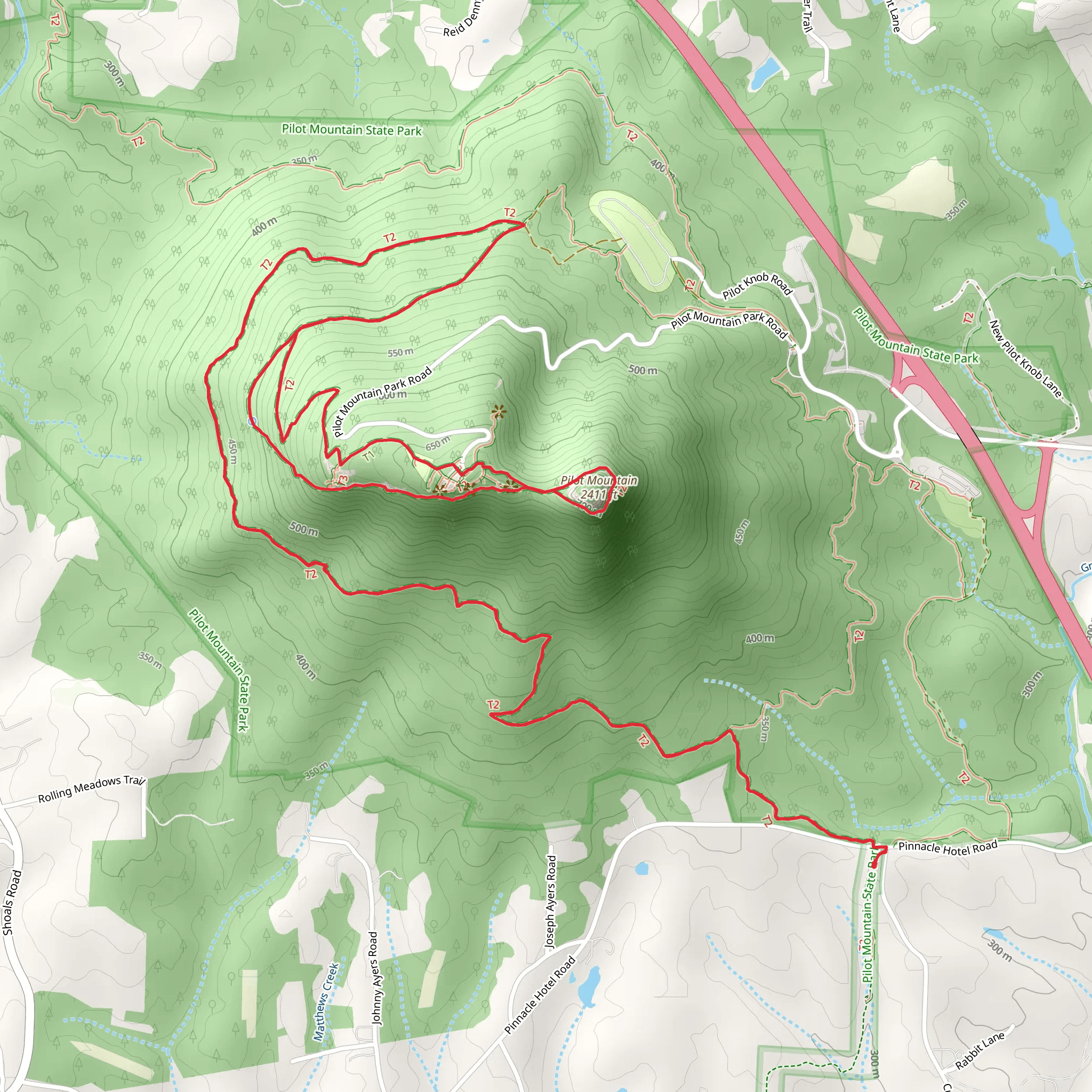 Pilot Mountain via Grindstone Trail and Ledge Spring Trail mobile static map