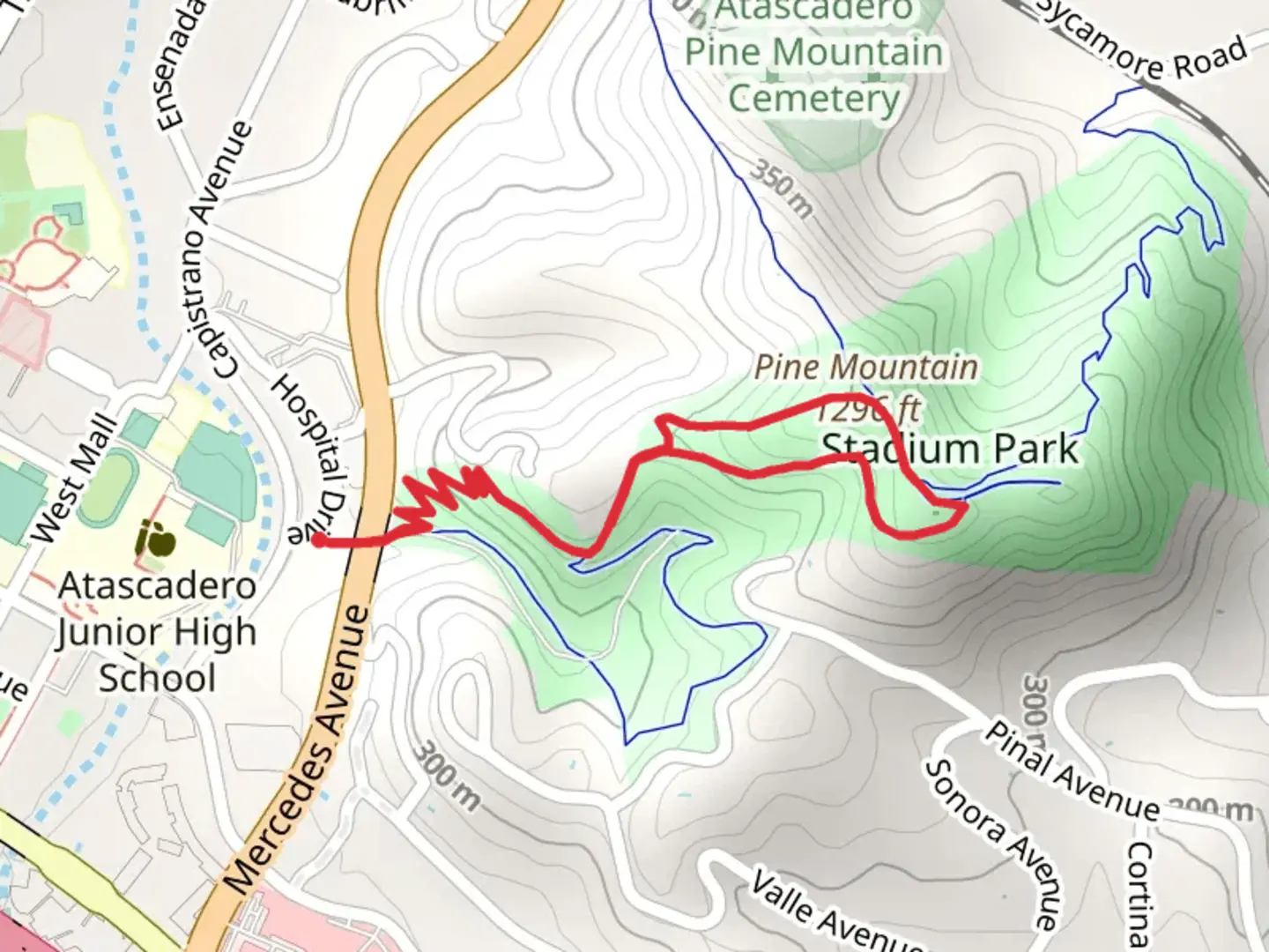 An image depicting the trail Pine Mountain Loop and Stadium Park and its surrounding area.