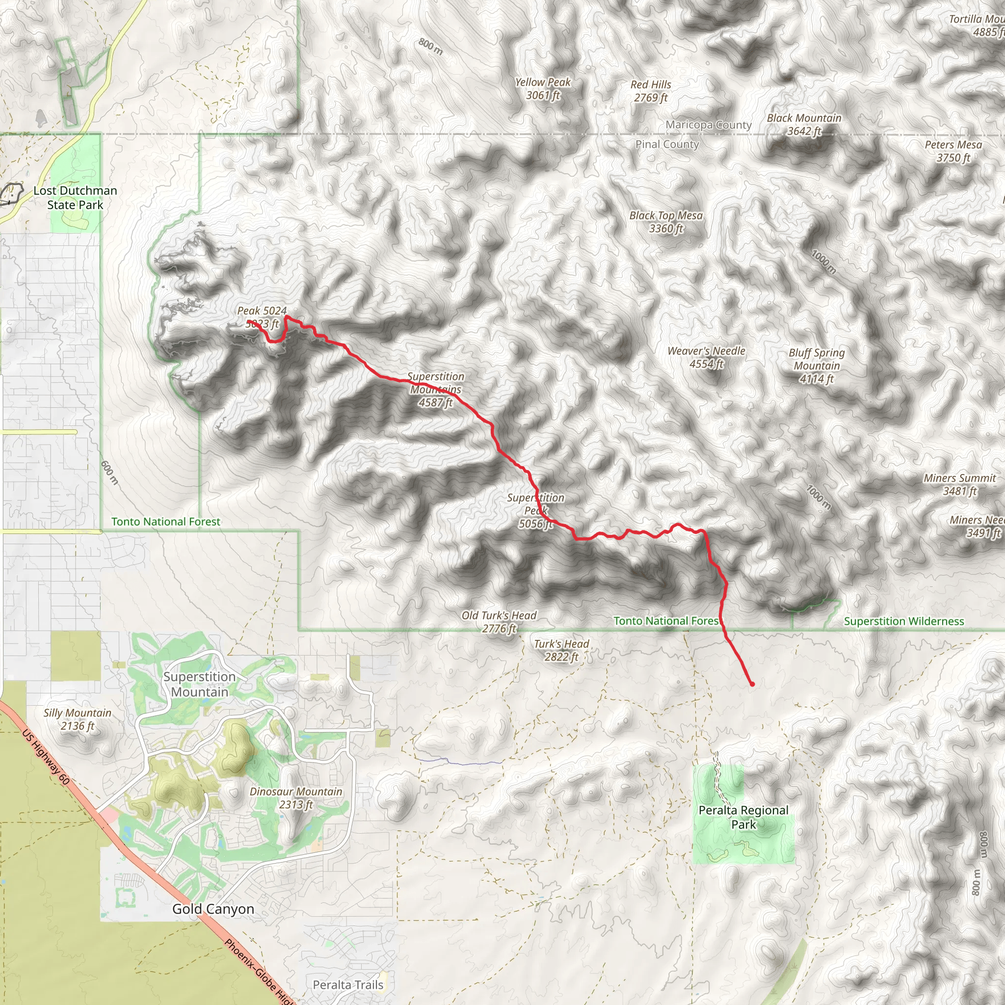 Superstition Mountains via Superstition Ridgeline Trail Out and Back mobile static map