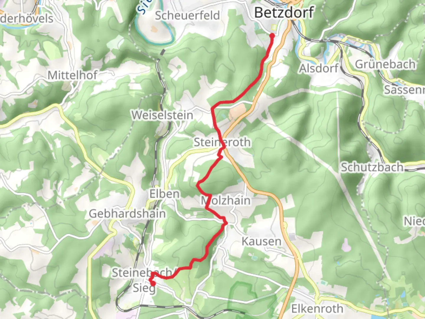 An image depicting the trail Betzdorf to Steinebach via Druidensteig and its surrounding area.