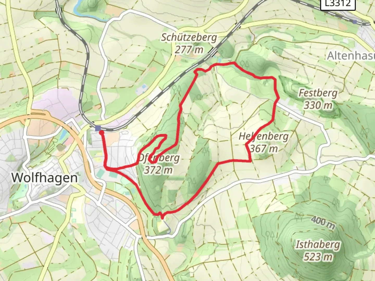 An image depicting the trail Maerchenlandweg and Wolfhagen Loop and its surrounding area.