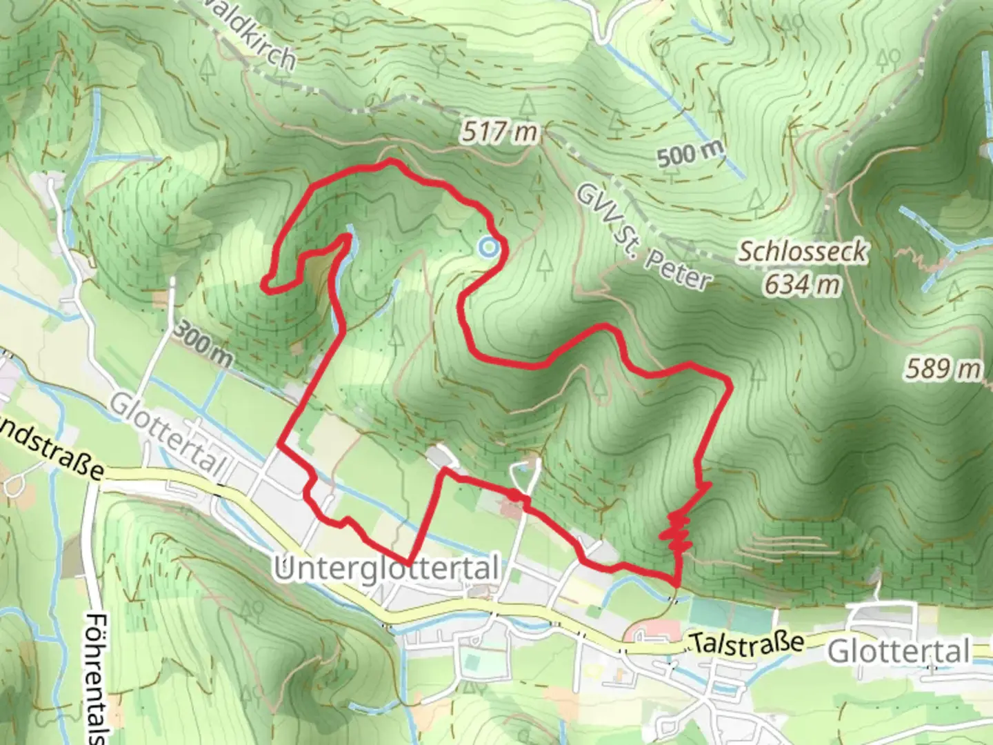 An image depicting the trail Lindingerhof, Schlossdobel and Eichberg Loop via Glottertaler Engelweg and its surrounding area.