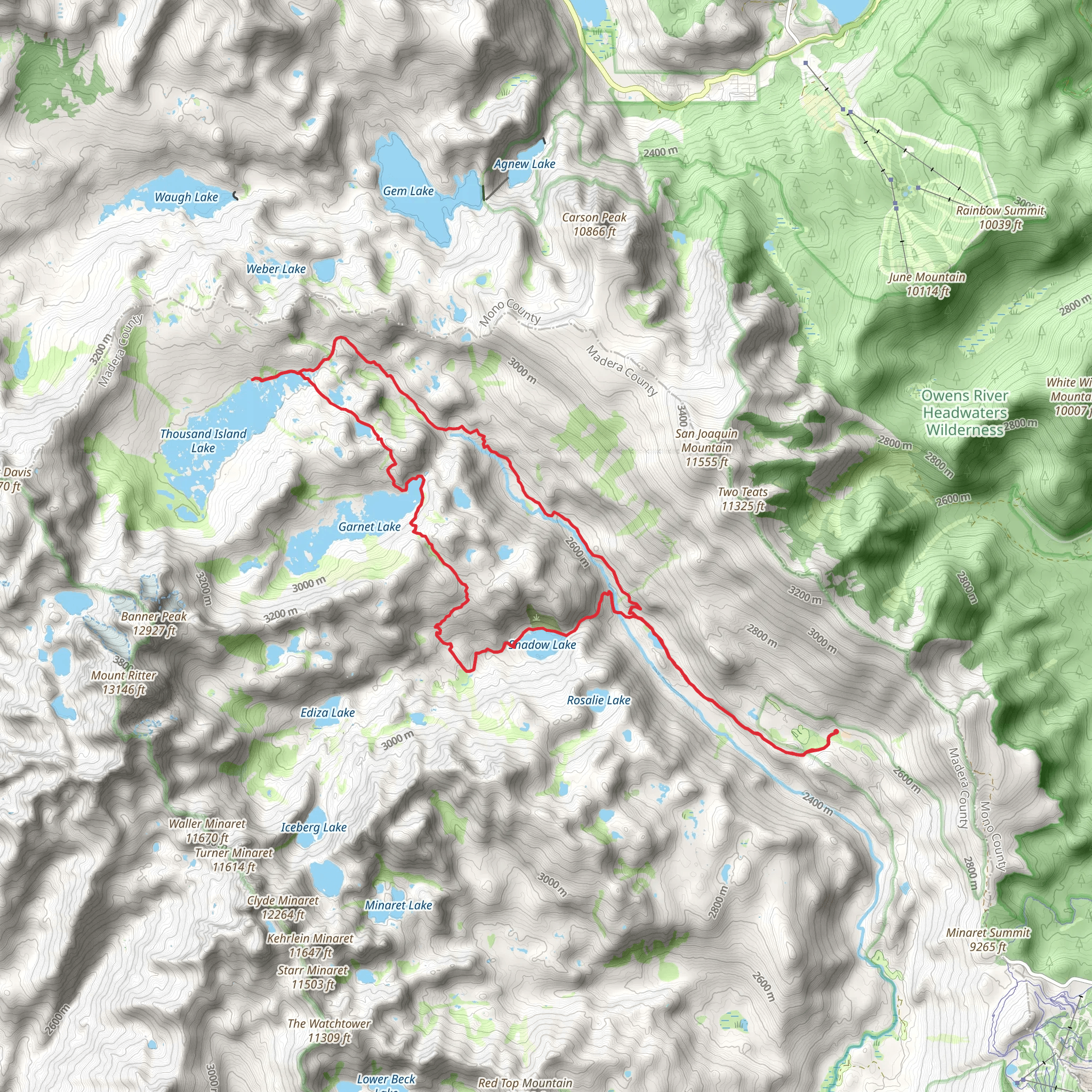 Garnet Lake, Thousand Island Lake Loop via John Muir Trail mobile static map