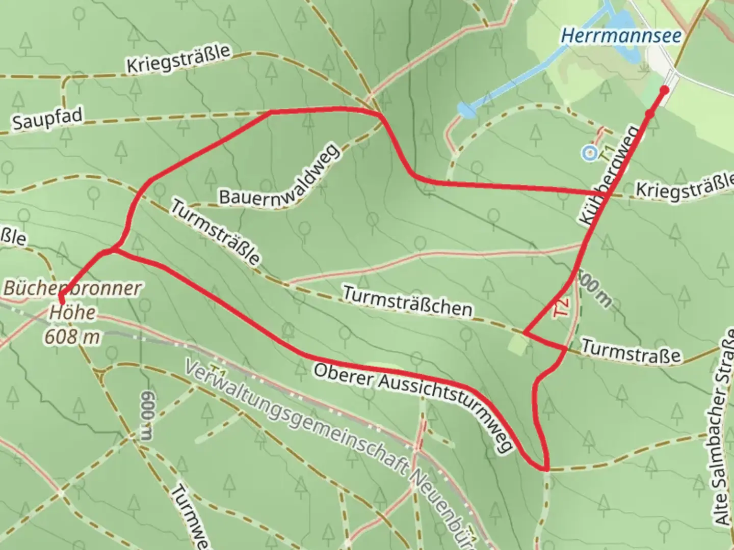 An image depicting the trail Büchenbronner Höhe Loop via Kühbergweg and its surrounding area.