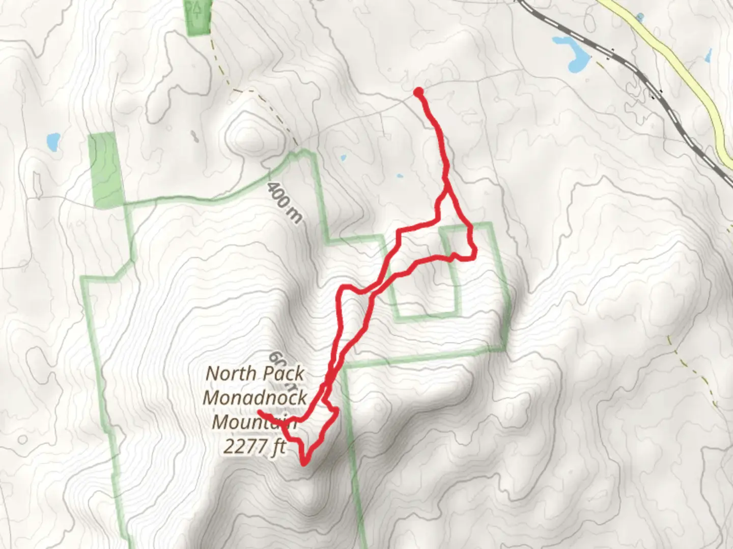 An image depicting the trail Ted's Trail, North Pack Monadnock Mountain and Carolyn's Trail and its surrounding area.