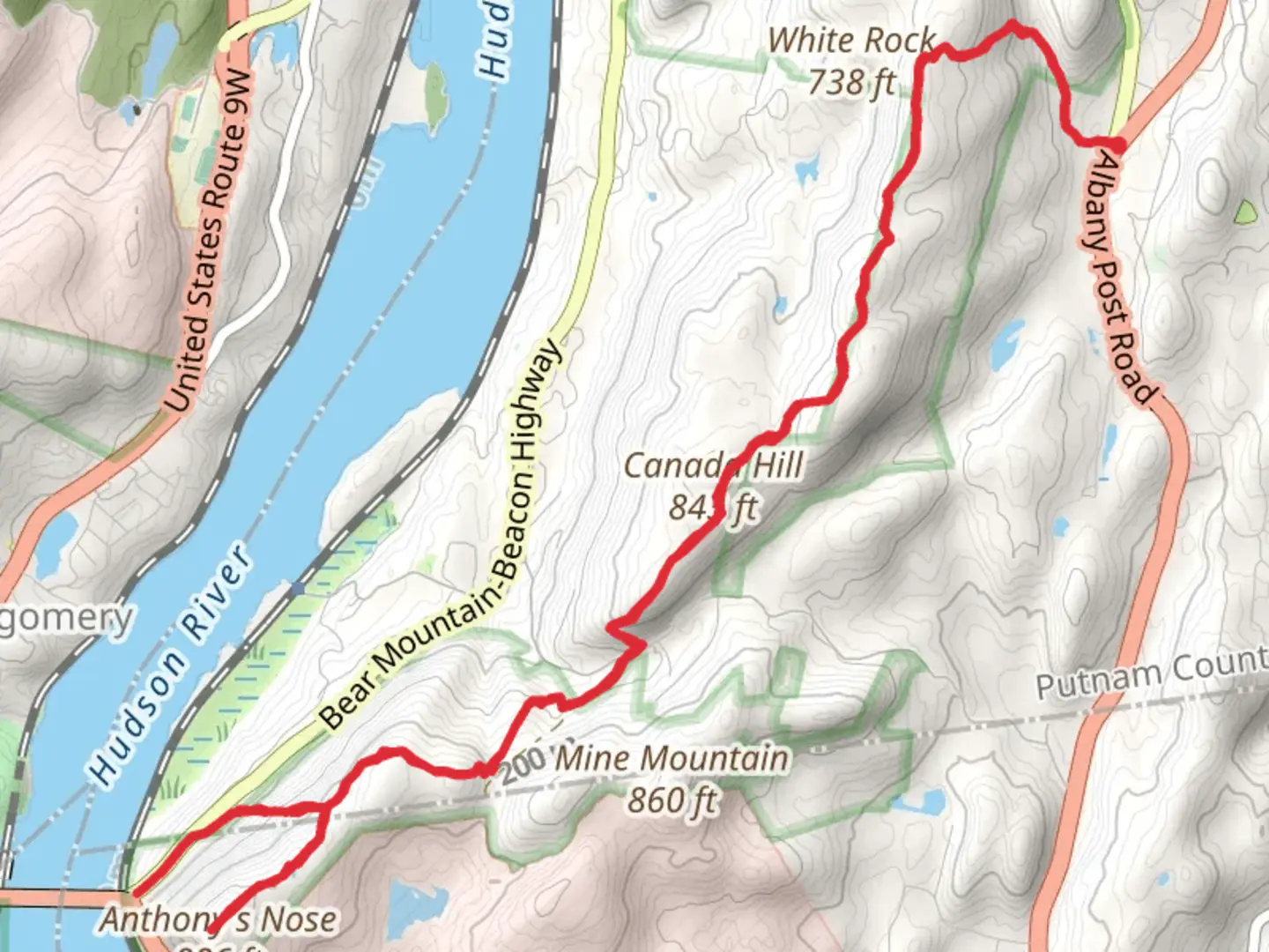An image depicting the trail Anthony Nose and Canada Hill via Appalachian Trail and its surrounding area.