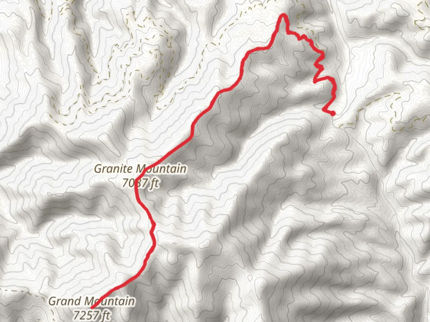 An image depicting the trail Grand Mountain and Granite Mountain from Swanholm Road and its surrounding area.